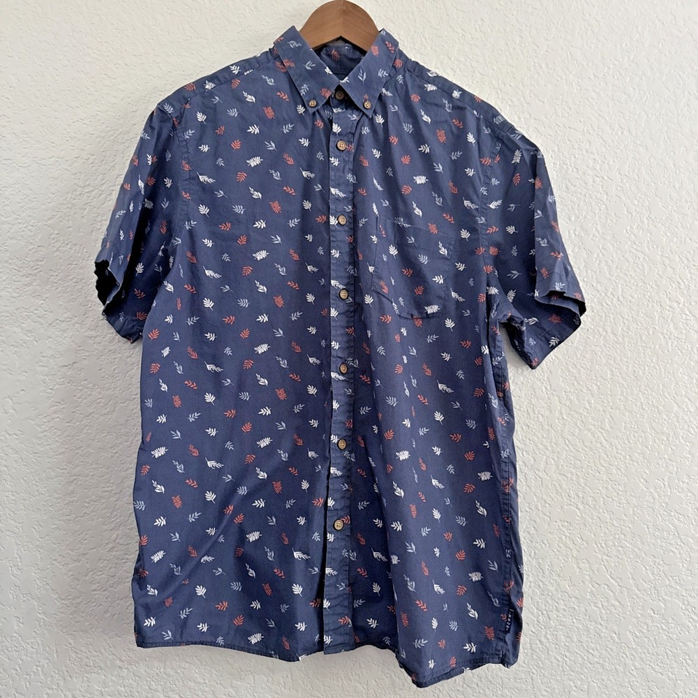 ROWM Leaf Print Blue Short Sleeve Casual Tropical Button Up Shirt Men's Size L
